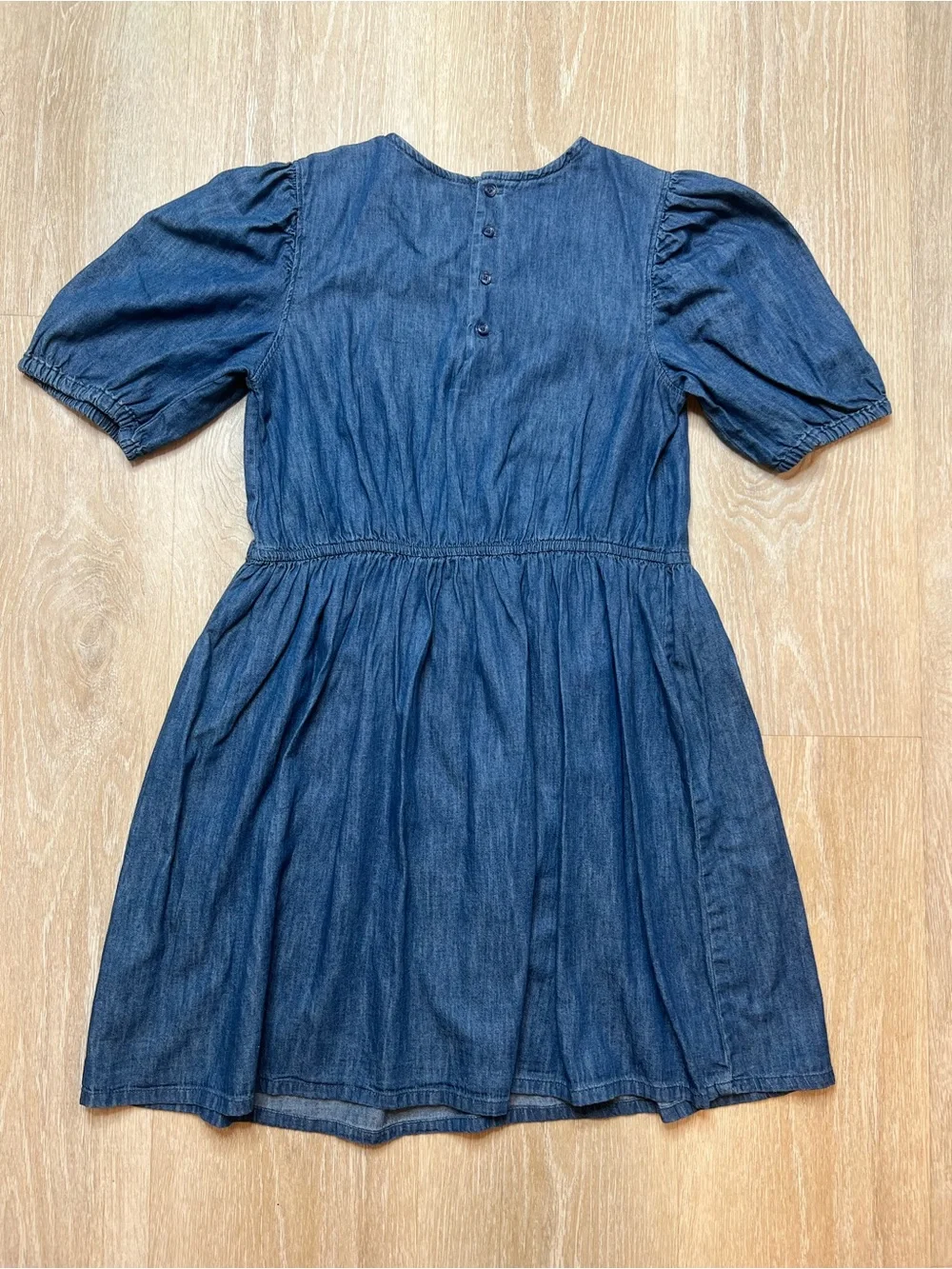 GAP Kids Denim Puff-Sleeve Bow Dress in Medium Wash, Girls XXL 14-16